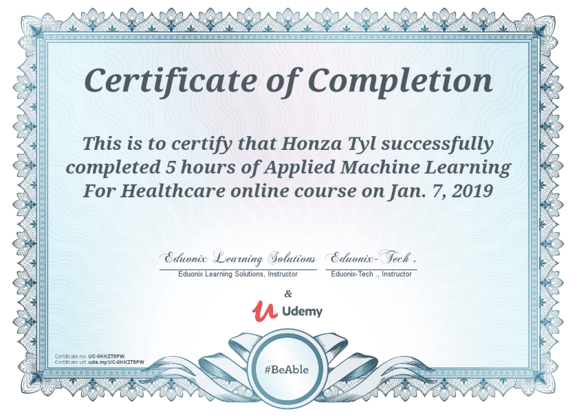 Certifikát – Applied Machine Learning For Healthcare