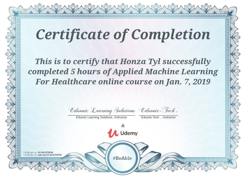 Certifikát – Applied Machine Learning For Healthcare
