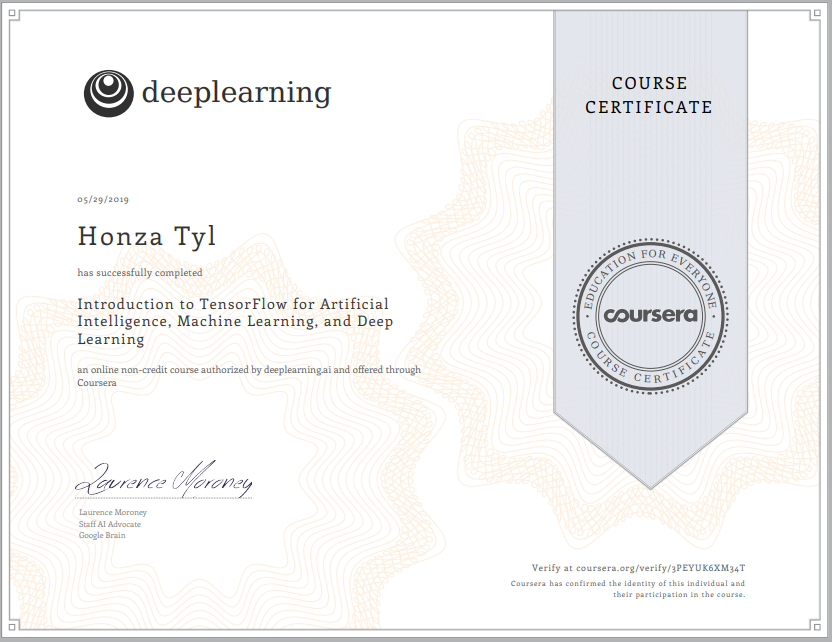 Další certifikát do sbírky: Introduction to TensorFlow for Artificial Intelligence, Machine Learning, and Deep Learning.