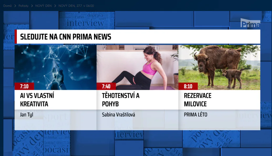 Program pořadu Nový den s tématem AI versus vlastní kreativita a hostem Janem Tylem