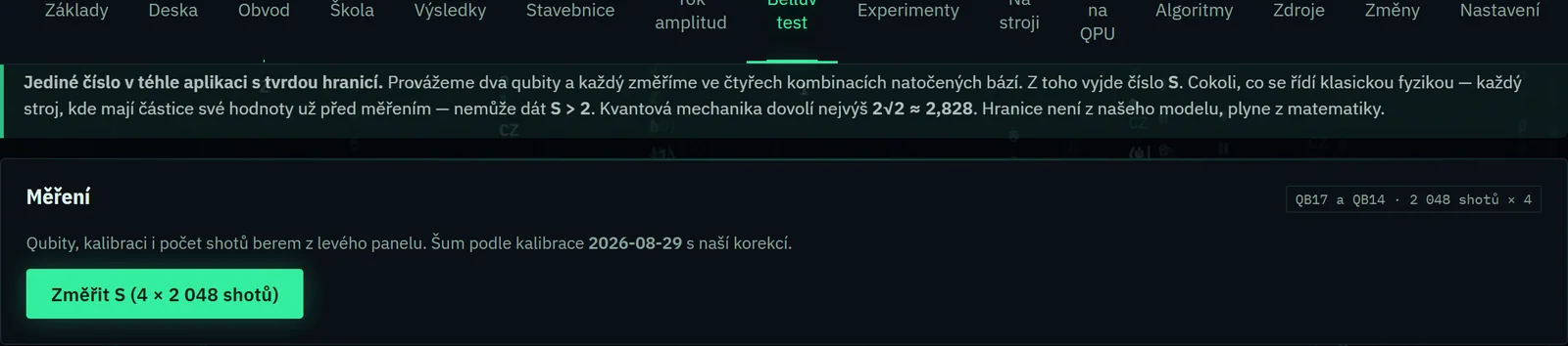 Ovládání Bellova testu v simulátoru