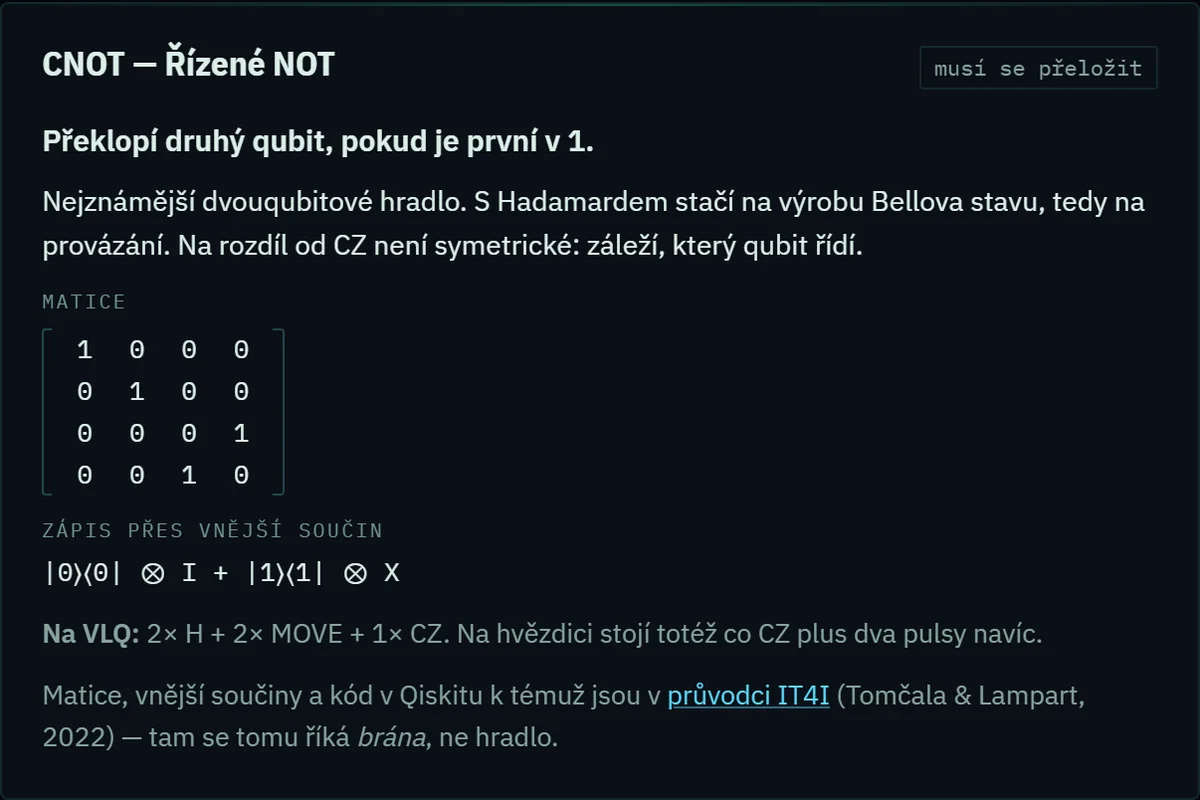 Karta hradla CNOT s maticí, Diracovým zápisem a cenou překladu