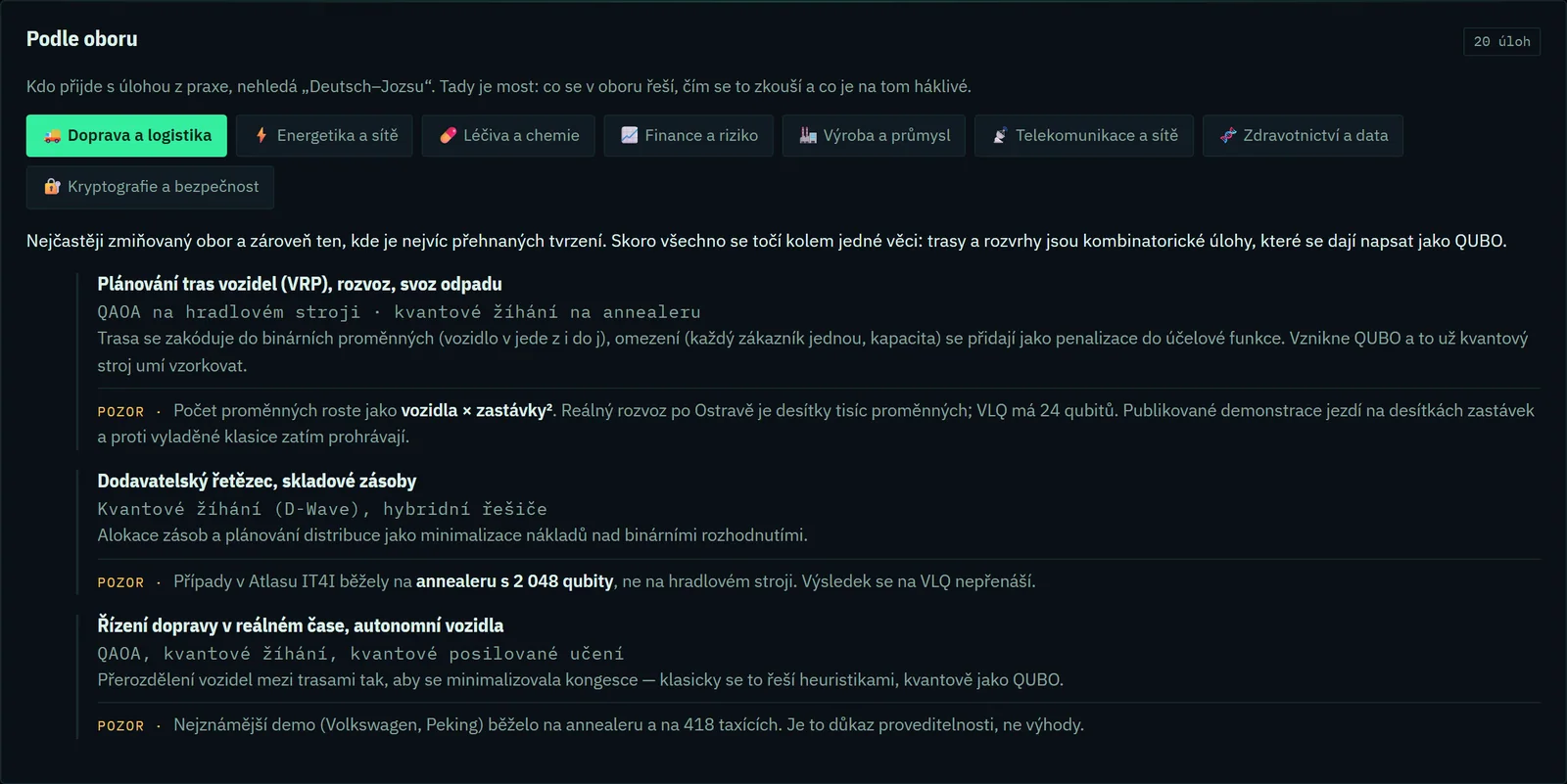 Mapa oborů a praktických kvantových úloh
