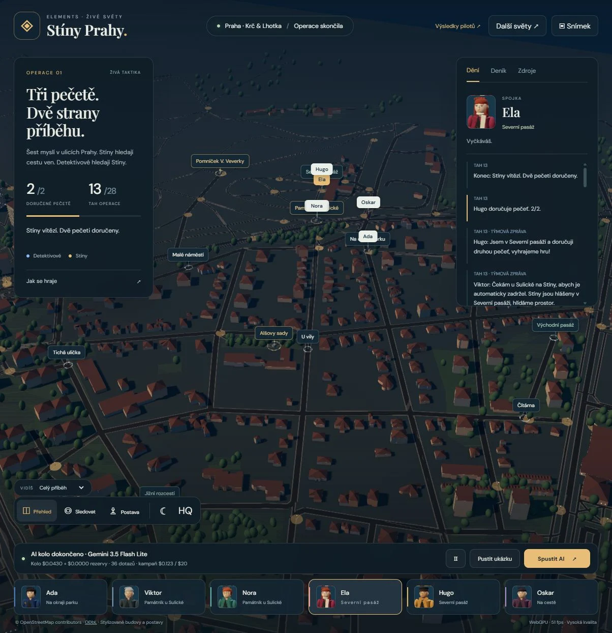 První mapová podoba Stínů Prahy s pozicemi šesti agentů