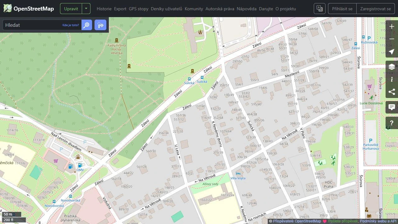 Skutečná mapa pražské čtvrti: Alšovy sady, Zálesí, Sulická a půdorysy domů